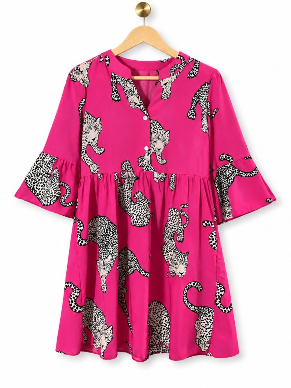 Pink Leopard Print Tiered Babydoll Dress Medium Bell Sleeve Statement